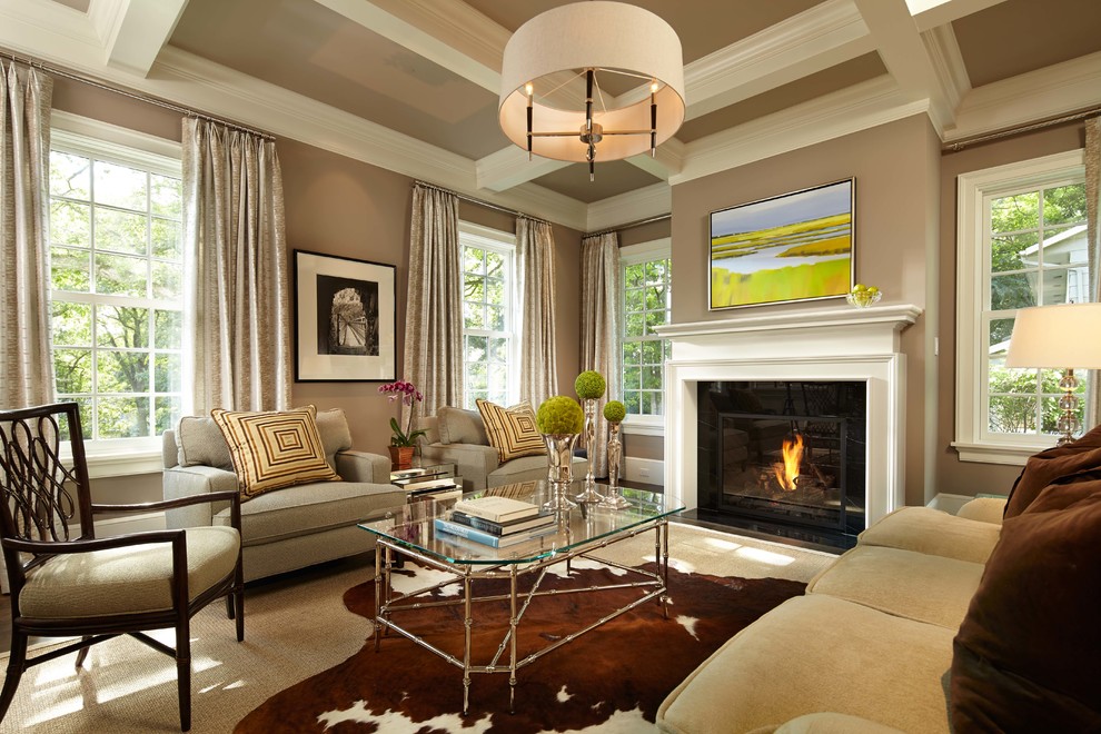 Traditional formal living room in Minneapolis with beige walls, dark hardwood floors and a standard fireplace.