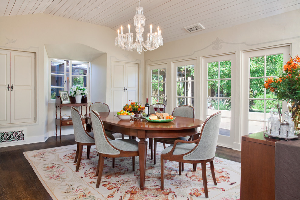 This is an example of a mid-sized country separate dining room in San Francisco with dark hardwood floors, beige walls and no fireplace.