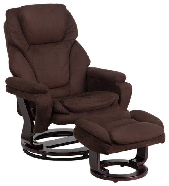 Contemporary Brown Microfiber Recliner and Ottoman, Swiveling Mahogany