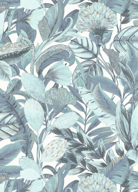 Textured Wallpaper Botanical, Jungle, 10202-18, Blue Cream Gold, Sample