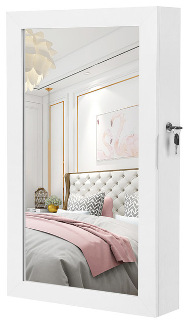 Lockable Jewelry Cabinet Armoire With Mirror Wall Mounted White