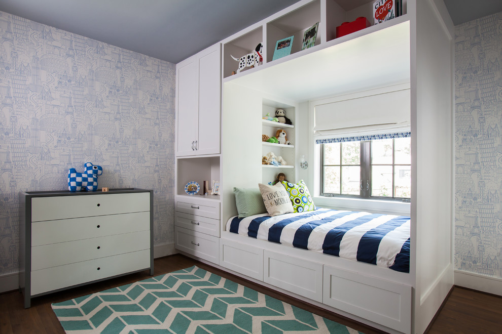 Inspiration for a transitional kids' bedroom in Houston with multi-coloured walls and dark hardwood floors.