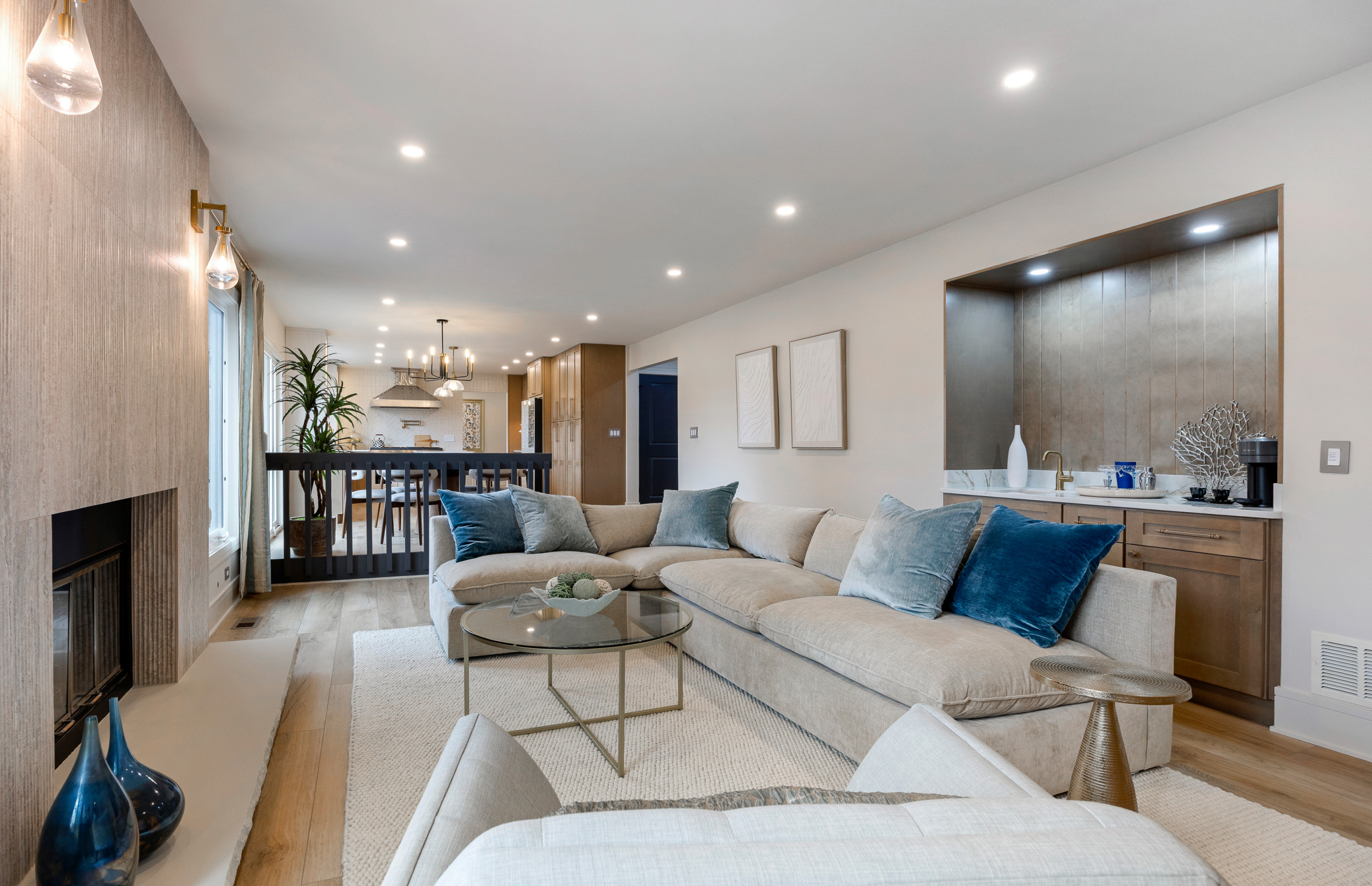 Family Room with Custom Fireplace and Wet Bar