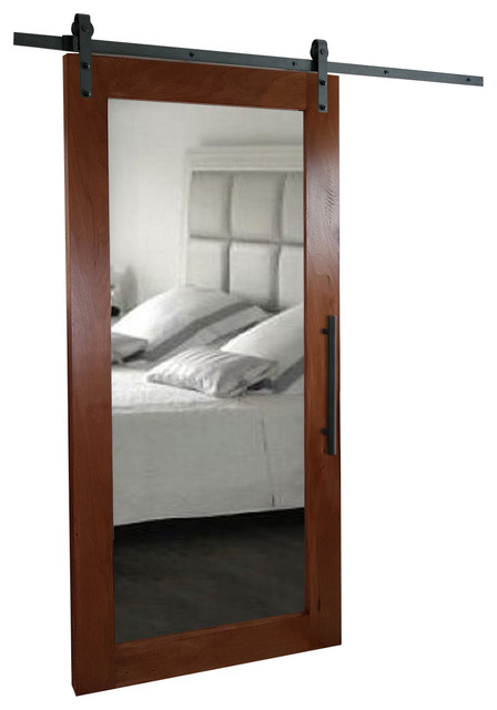 Modern Mirror Sliding Barn Door With Solid Tropical Oak Wood Modern Mirror Sliding Barn Door With