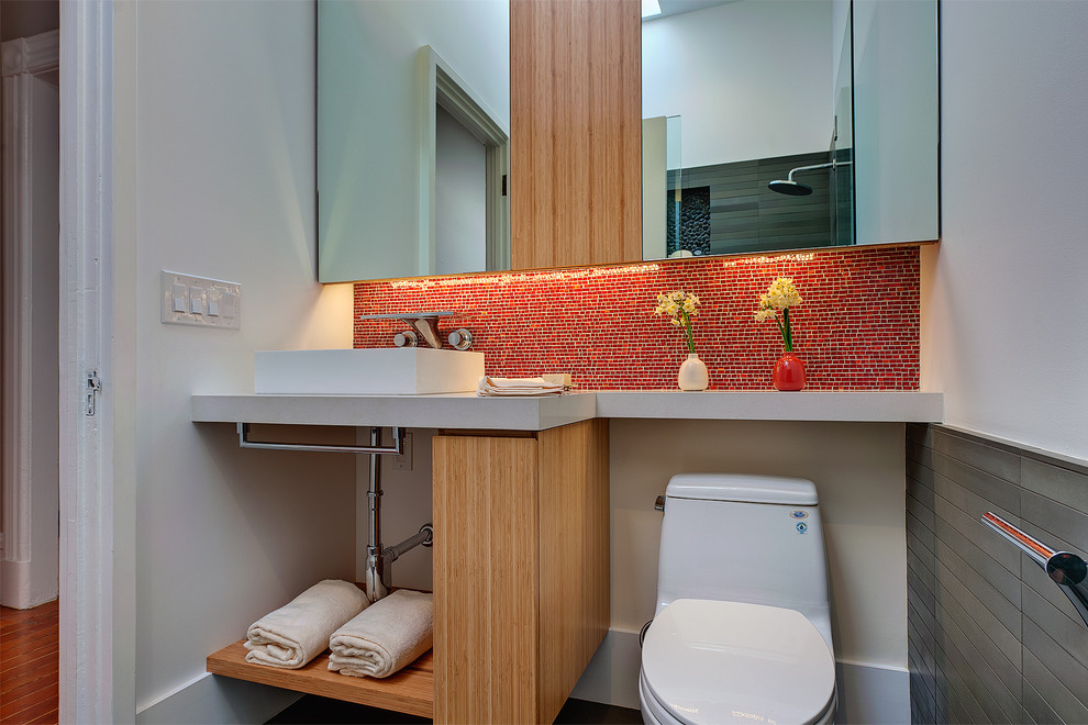 Small modern 3/4 bathroom in San Francisco with a vessel sink, open cabinets, a two-piece toilet, white walls, light wood cabinets, red tile, mosaic tile and engineered quartz benchtops.