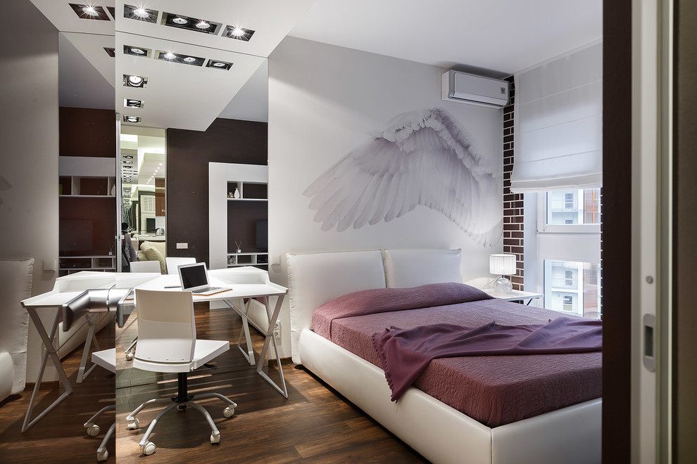 Design ideas for a contemporary master bedroom in Saint Petersburg with multi-coloured walls and dark hardwood floors.