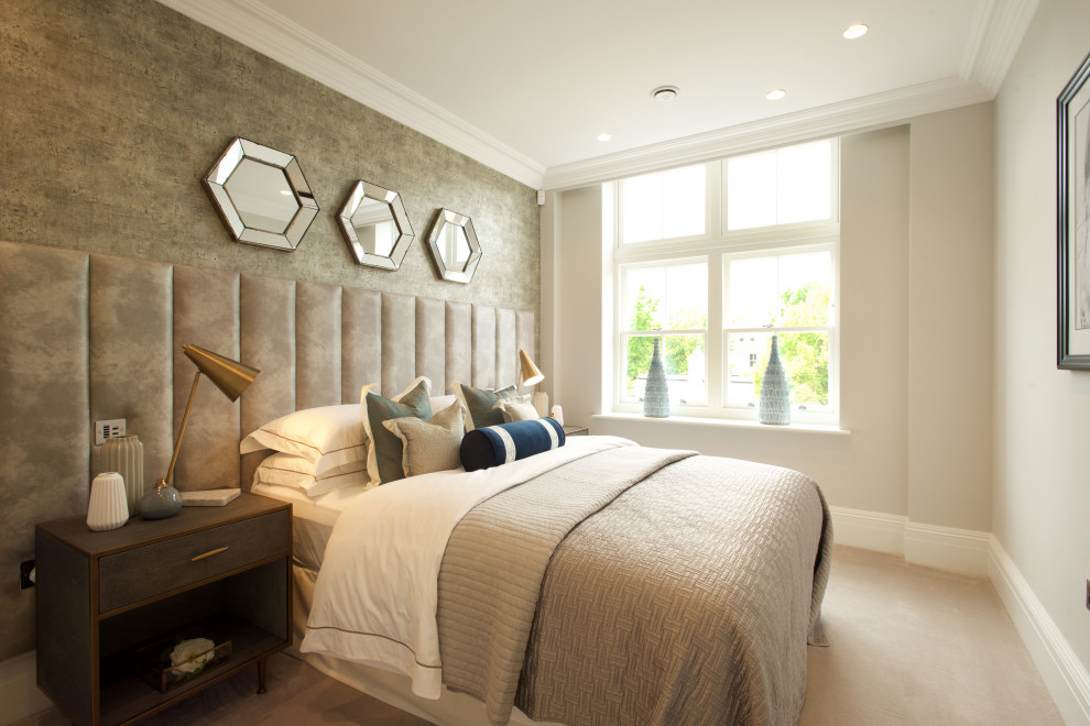 Inspiration for a transitional guest bedroom in Other with black walls, carpet, no fireplace, beige floor and wallpaper.