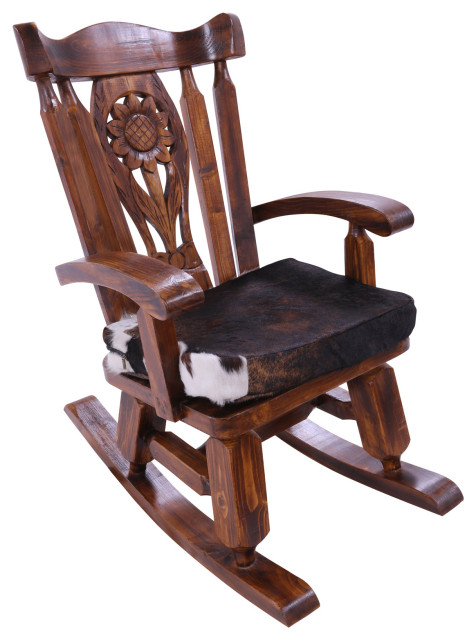 Wooden Rocking Chair Handcarved Back Removable Hair-On Cowhide Pillow ...