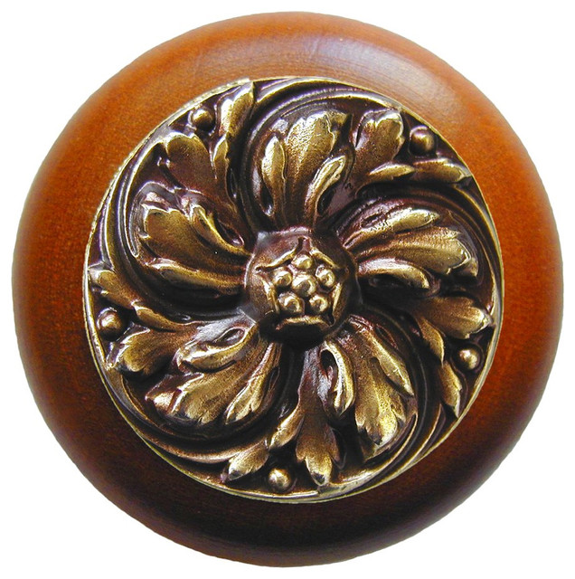 Chrysanthemum Wood Knob, Antique Brass, Cherry Wood Finish