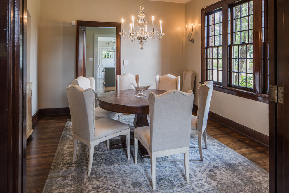 This is an example of a mid-sized traditional separate dining room in Jackson with beige walls, medium hardwood floors, no fireplace and brown floor.