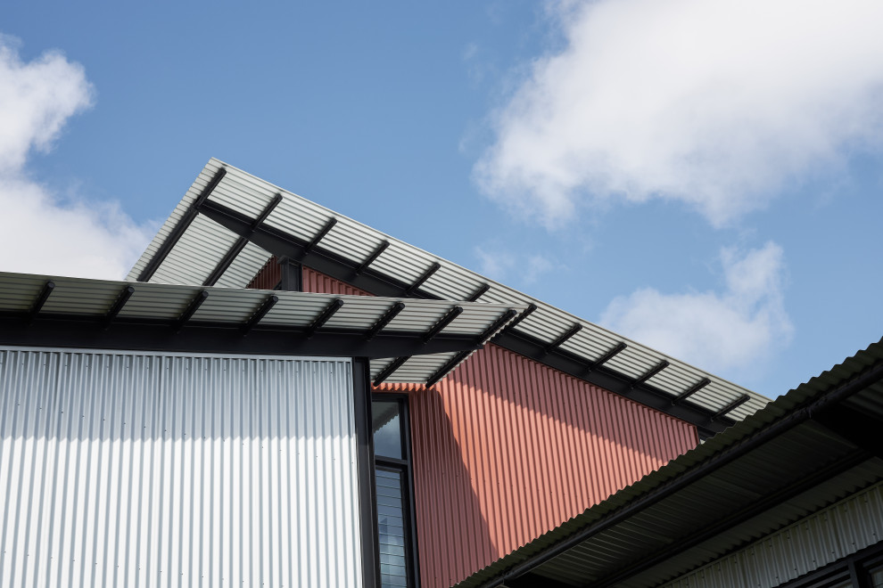 Inspiration för industriella flerfärgade hus, med pulpettak och tak i metall