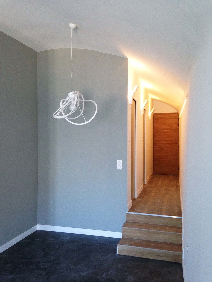 This is an example of a small contemporary hallway in Nice with white walls and brown floor.