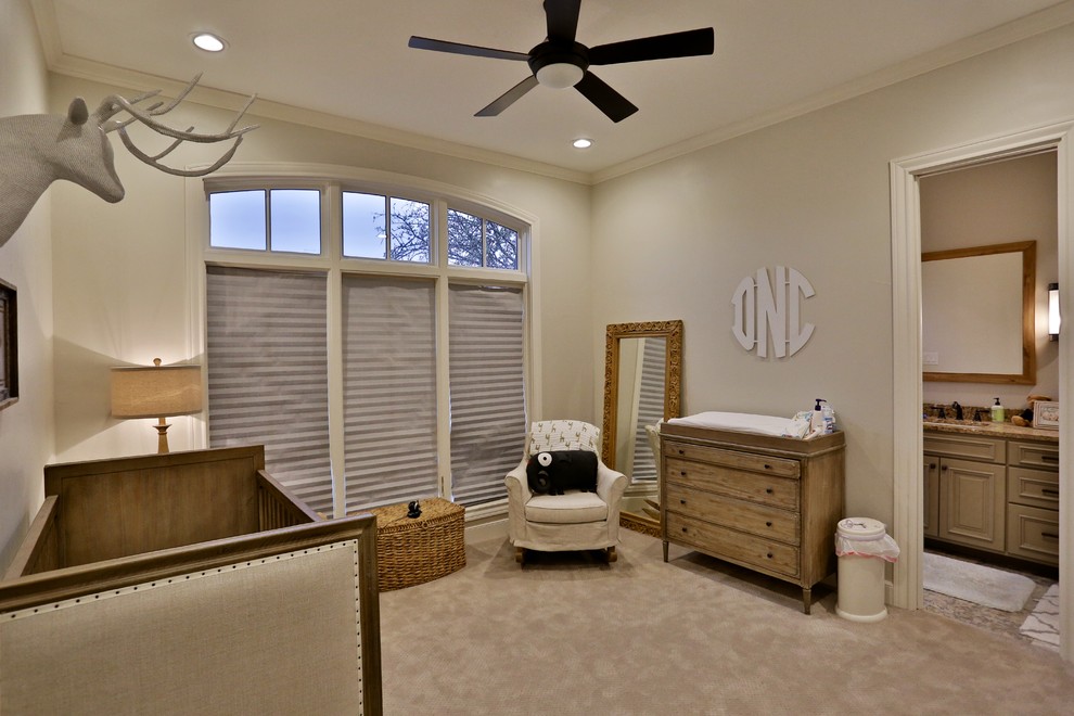 Inspiration for a mid-sized traditional gender-neutral kids' room in Austin with white walls and carpet.