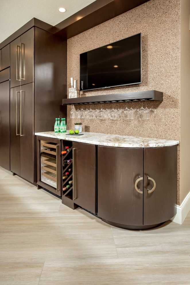 Eat-in kitchen - large transitional l-shaped beige floor eat-in kitchen idea with an undermount sink, flat-panel cabinets, dark wood cabinets, marble countertops, multicolored backsplash, marble backsplash, paneled appliances, an island and multicolored countertops