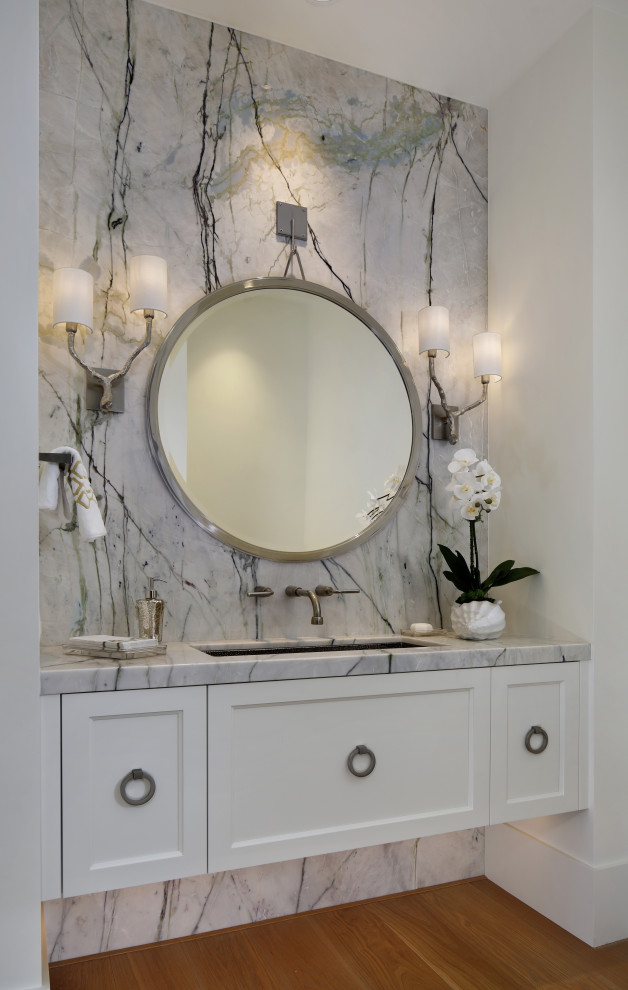 Farmhouse 3/4 marble floor, beige floor, single-sink and tray ceiling bathroom photo in San Francisco with recessed-panel cabinets, gray cabinets, white walls, an undermount sink, marble countertops, gray countertops and a built-in vanity