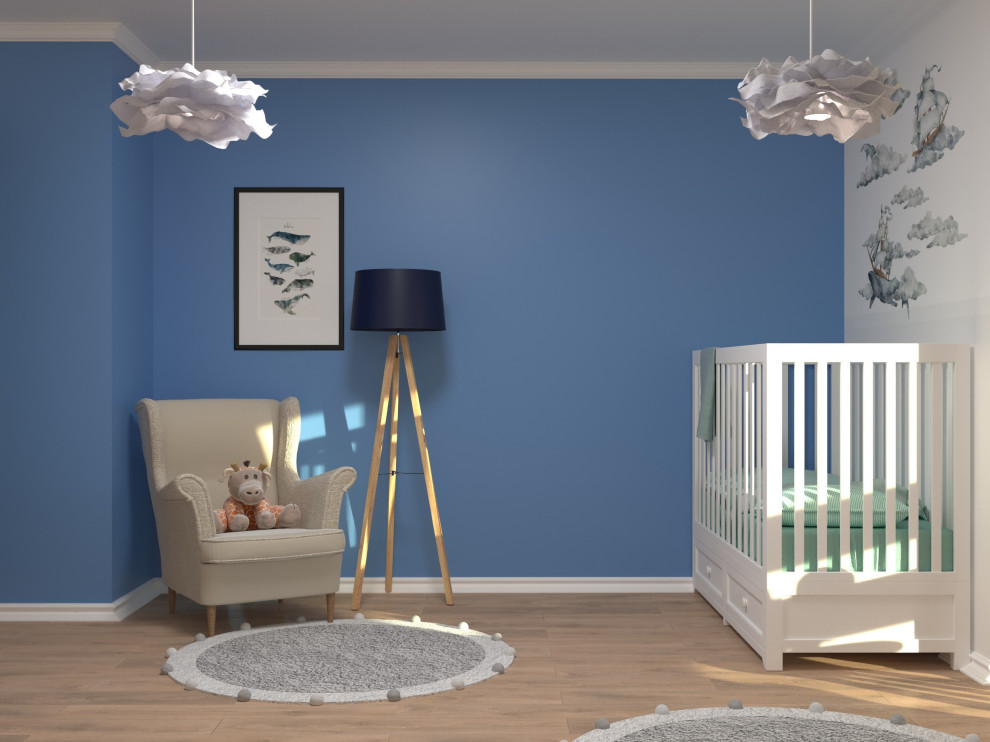 Idées déco pour une chambre d'enfant de 1 à 3 ans contemporaine de taille moyenne avec un mur blanc, sol en stratifié et un sol marron.