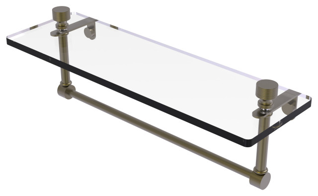 Foxtrot 16" Glass Vanity Shelf with Towel Bar, Antique Brass