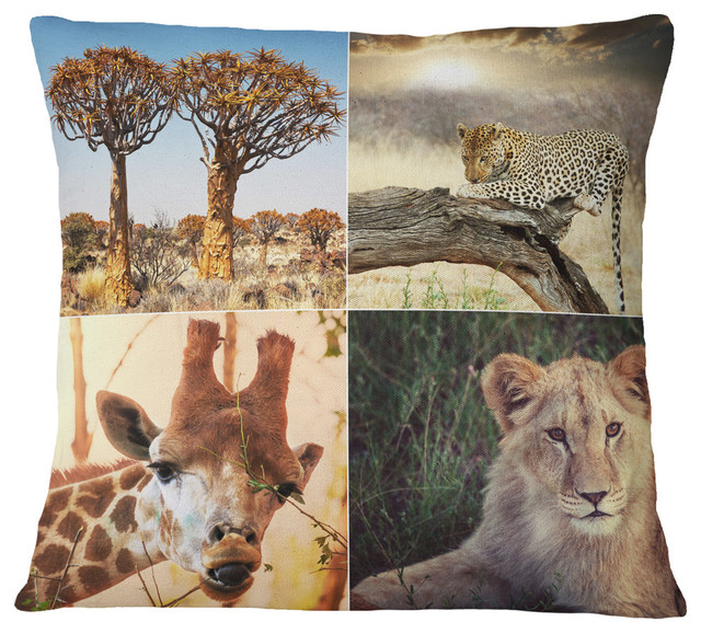 African Safari Wildlife Collage African Landscape Printed Throw Pillow, 16"x16"