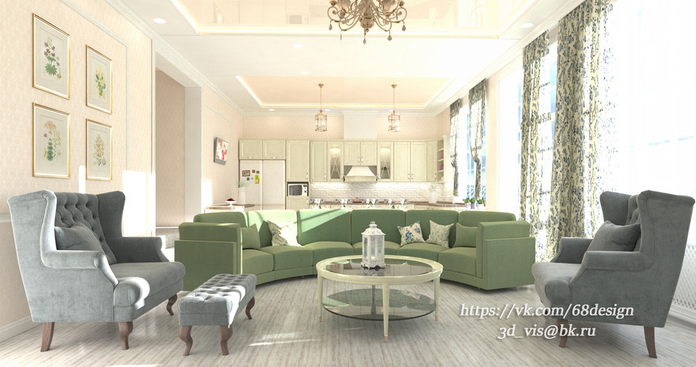 Дизайн и визуализация кухни-гостиной (54м2) загородного дома, в стиле прованс.