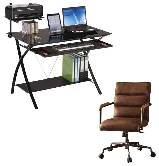 Erma 2 Piece Computer Desk And Rustic Leather Swivel Office Chair Set