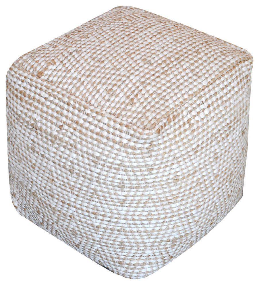GDF Studio Maja Handcrafted Boho Fabric Cube Pouf, Ivory, Beige
