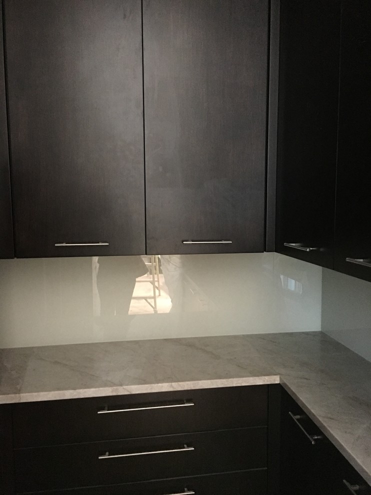 This is an example of a small contemporary l-shaped kitchen pantry in Miami with a drop-in sink, recessed-panel cabinets, dark wood cabinets, onyx benchtops, beige splashback, glass sheet splashback, stainless steel appliances and with island.