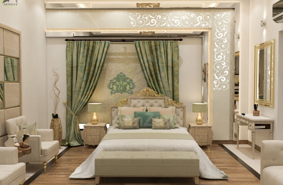 他の地域にある広いモダンスタイルのおしゃれな客用寝室 (マルチカラーの壁、大理石の床、格子天井)