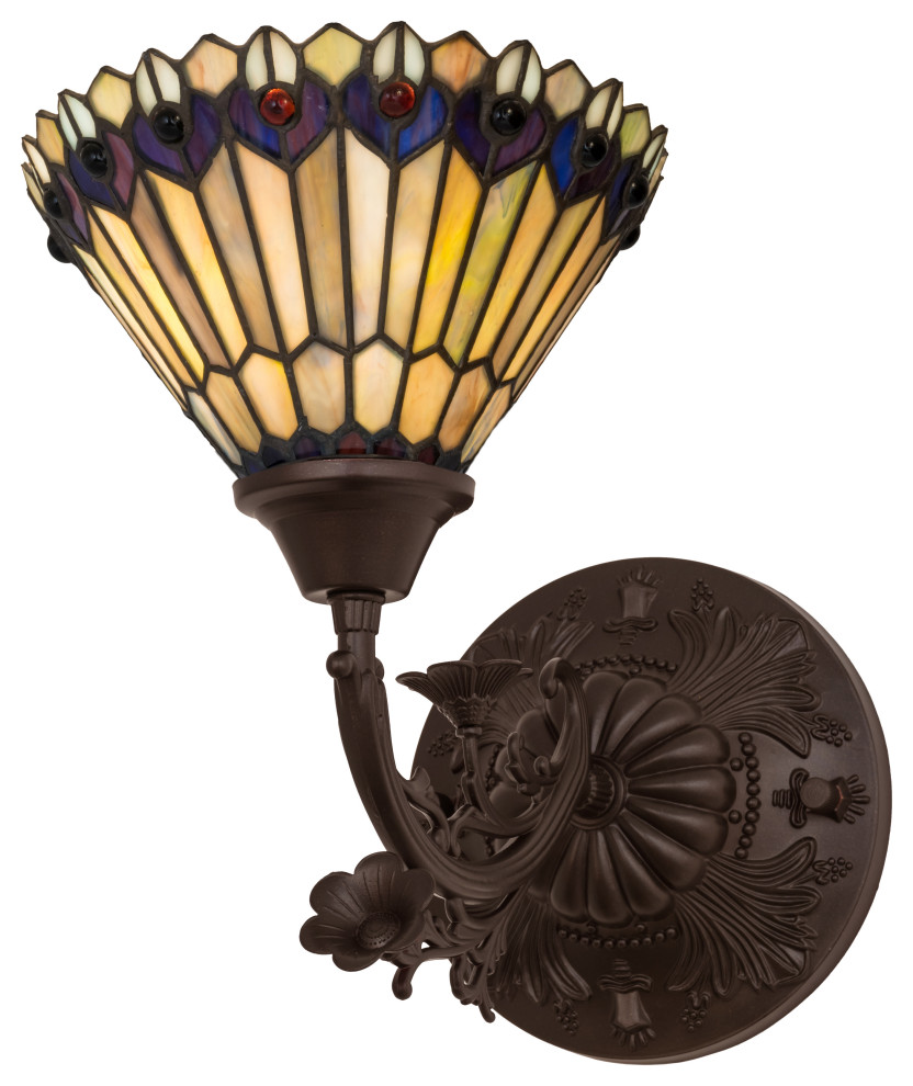 8W Tiffany Jeweled Peacock Wall Sconce Victorian Wall Sconces by