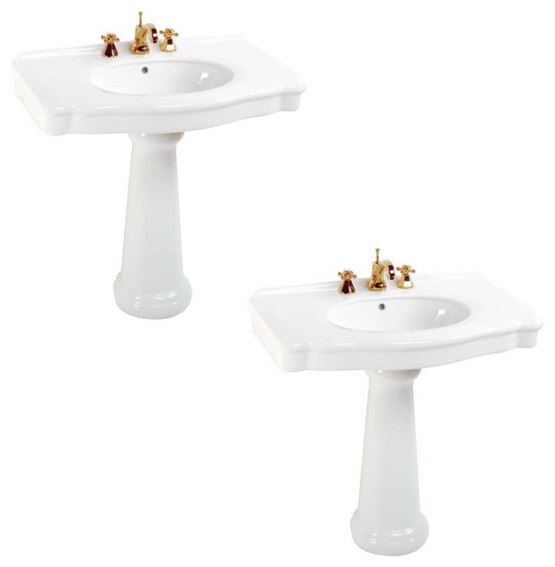 White Porcelain Bathroom Pedestal Sink 8" Widespread Set of 2 Gloss Finish Contemporary
