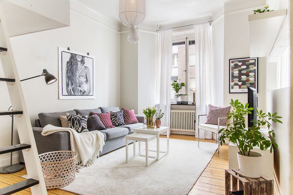 This is an example of a small scandinavian formal enclosed living room in Stockholm with white walls, a freestanding tv and medium hardwood floors.