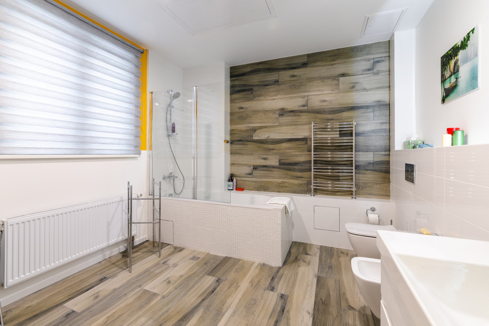 Inspiration for a large modern master brown tile and ceramic tile porcelain tile, brown floor and single-sink bathroom remodel in Moscow with flat-panel cabinets, white cabinets, an undermount tub, a bidet, multicolored walls, a drop-in sink and a floating vanity