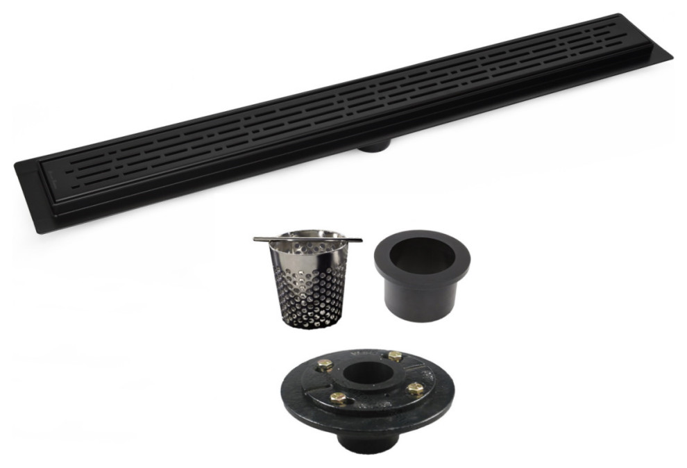 Matte Black Linear Shower Drain With Cast Iron UPC 4 Bolt Drain Base Flange, 16 Inch