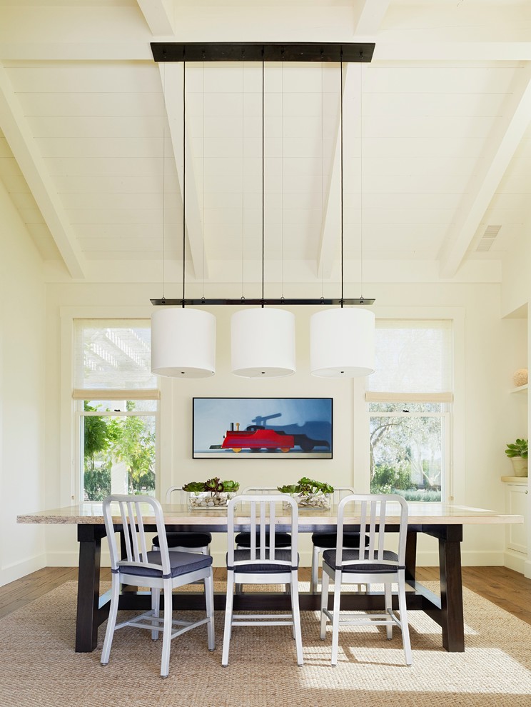 Inspiration for a country dining room in San Francisco with white walls and dark hardwood floors.