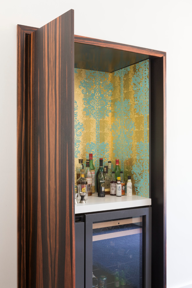 Small contemporary single-wall home bar in San Francisco with multi-coloured splashback.