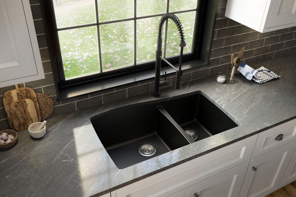 Karran Undermount Quartz 33" 60/40 Double Bowl Kitchen Sink, Black