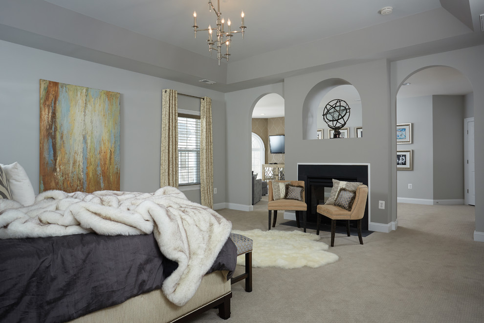 Design ideas for a large transitional master bedroom in DC Metro with carpet, grey walls and no fireplace.