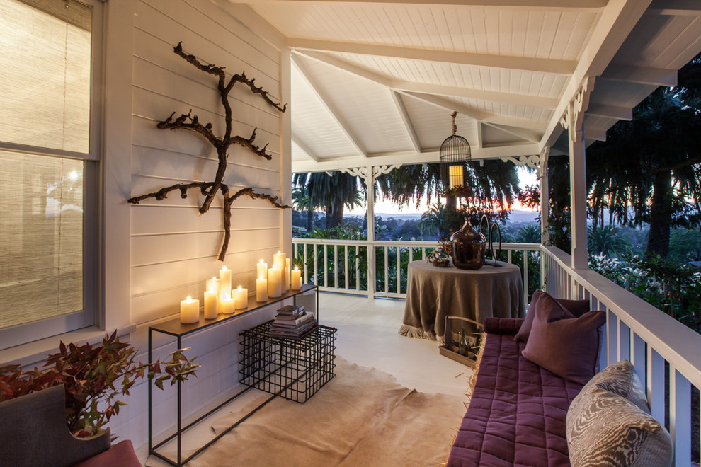 Mid-sized country side yard verandah in San Francisco with a roof extension.