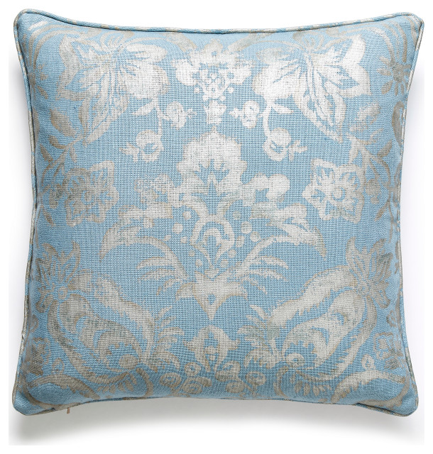 Mansfield Damask Print Pillow, Bluestone & Silver, 22" X 22
