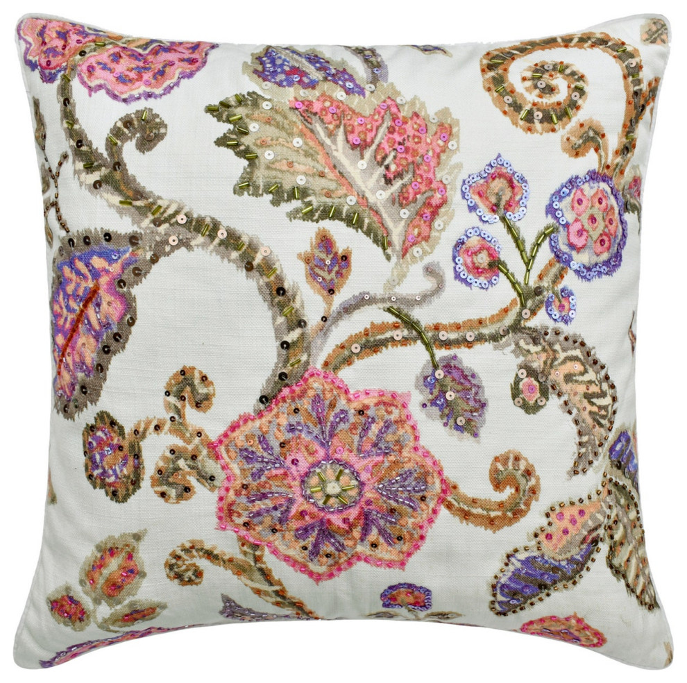 Pink Cotton Beaded, Sequins Embroidery 16"x16" Throw Pillow Cover, Aster