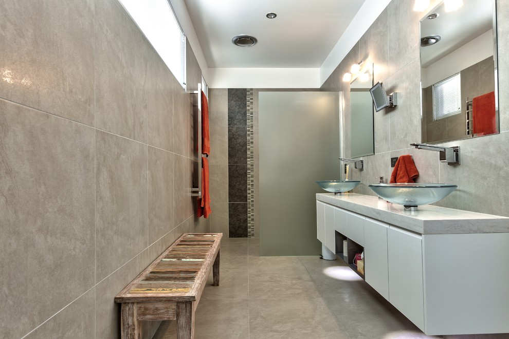 Inspiration for a mid-sized contemporary master bathroom in Melbourne with an open shower, flat-panel cabinets, white cabinets, an alcove shower, gray tile, marble, white walls, marble floors, a vessel sink, marble benchtops and grey floor.