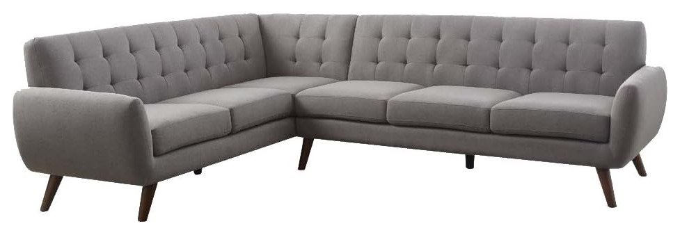 Mid Century Sectional Sofa, Angled Legs With Linen Padded Seat and Tufted Back