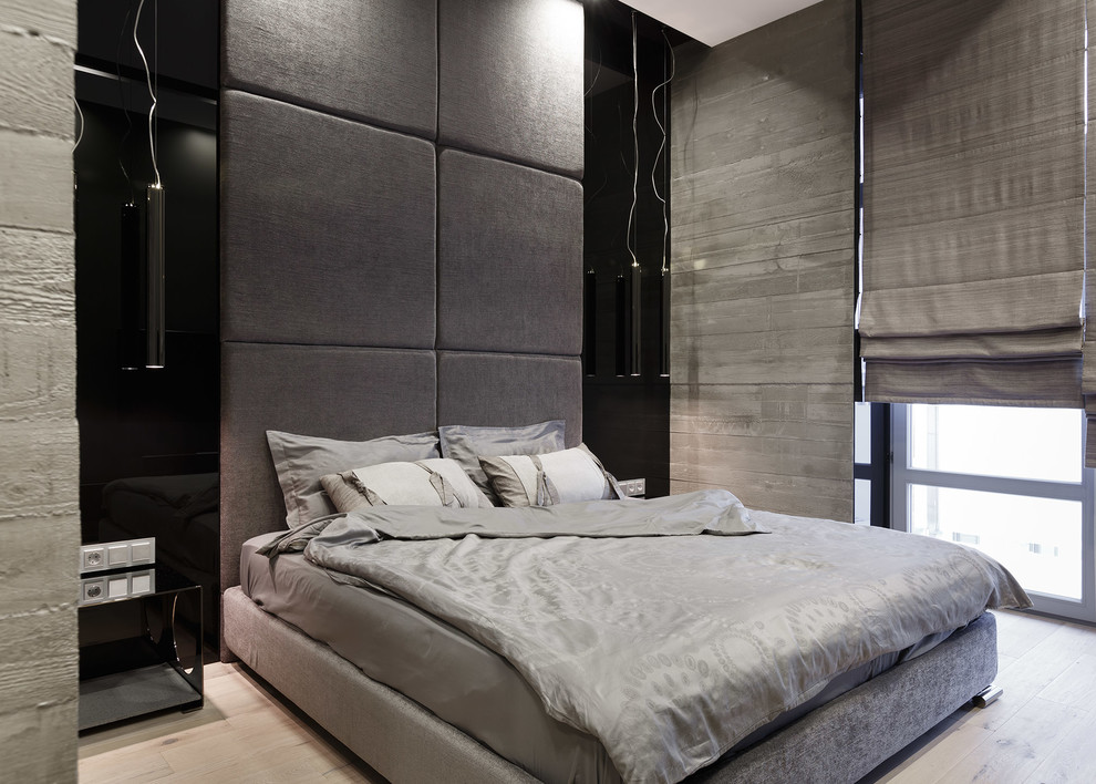Идея дизайна: спальня среднего размера в современном стиле с серыми стенами