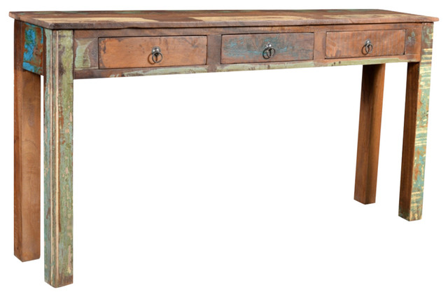 Vidaxl Console Table With 3 Drawers, Reclaimed Wood Sofa Table With Stools