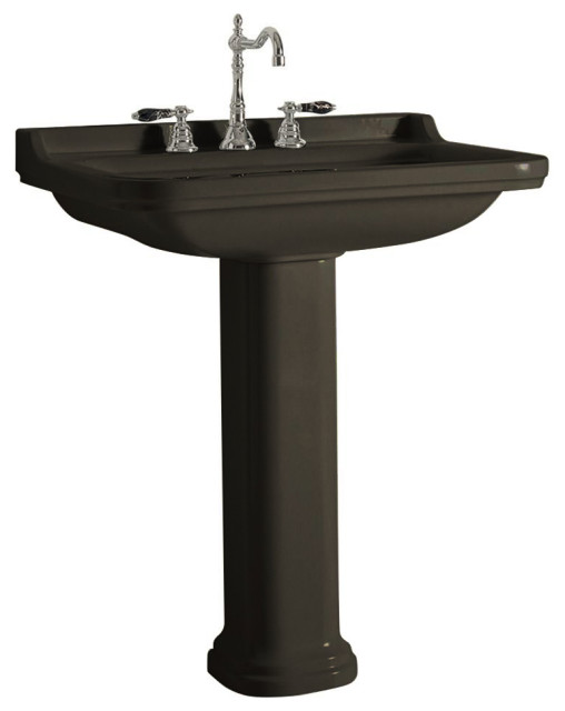Waldorf 4141+1070 Pedestal Bathroom Sink, Glossy Black With Three Faucet Holes