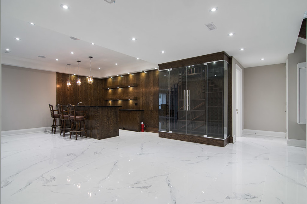 Inspiration for a mid-sized transitional single-wall seated home bar in Toronto with flat-panel cabinets, dark wood cabinets, brown splashback, timber splashback, marble floors and white floor.