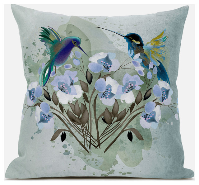 20x20 Green Blue Bird Blown Seam Broadcloth Animal Print Throw Pillow