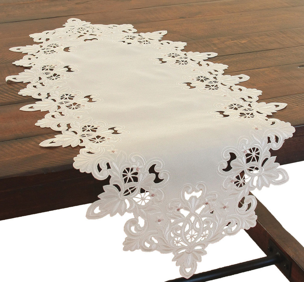 Victorian Lace Embroidered Cutwork Table Runner, 16"x34", Ivory