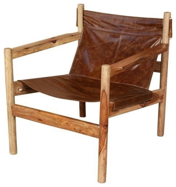 Genoa Leather Sling Accent Chair Cognac Brown Midcentury