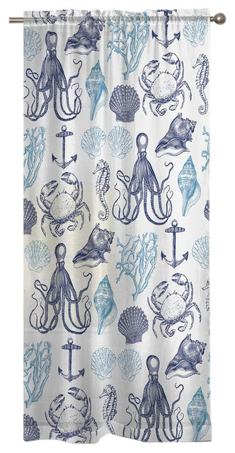 Laural Home Navy Coastal Creatures Sheer Window Curtain Beach