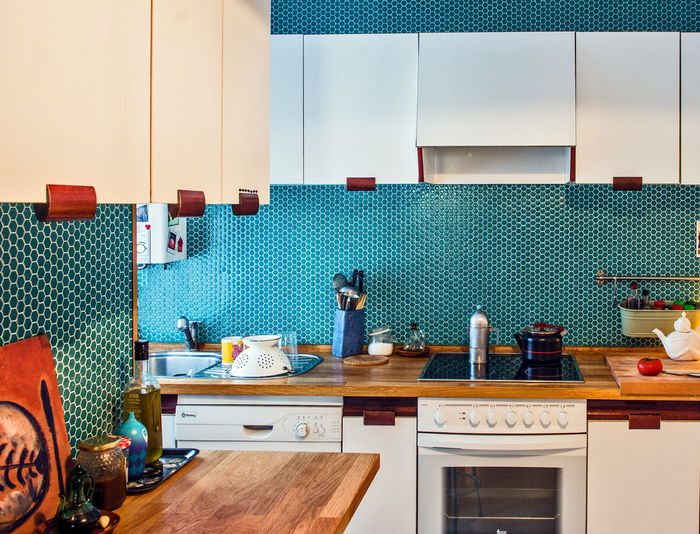 This is an example of a mid-sized midcentury kitchen in Other with brown splashback and timber splashback.
